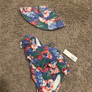 Janie and Jack Blue Floral Hat and Swimsuit